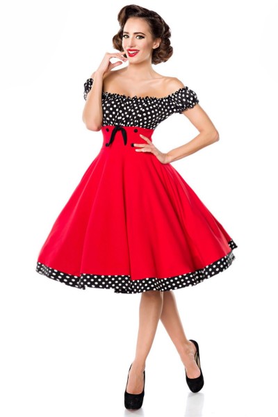 Belsira schulterfreies Swing-Kleid in rot-schwarz-weiß