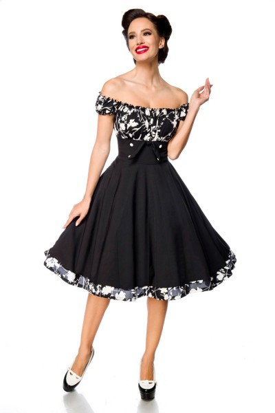 Belsira schulterfreies Swing-Kleid in schwarz-gemustert