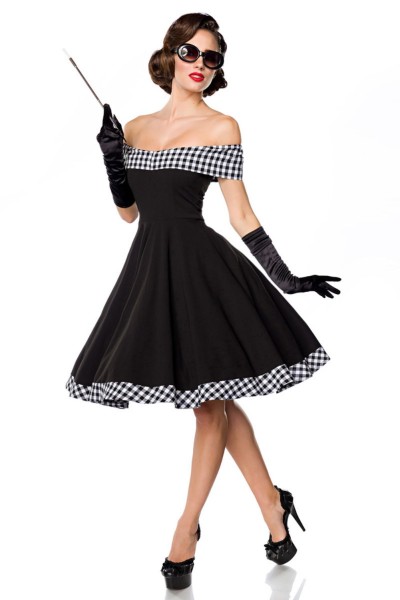 Belsira schulterfreies Swing-Kleid in schwarz-weiß