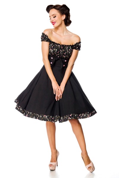 Belsira schulterfreies Swing-Kleid in schwarz-rosa